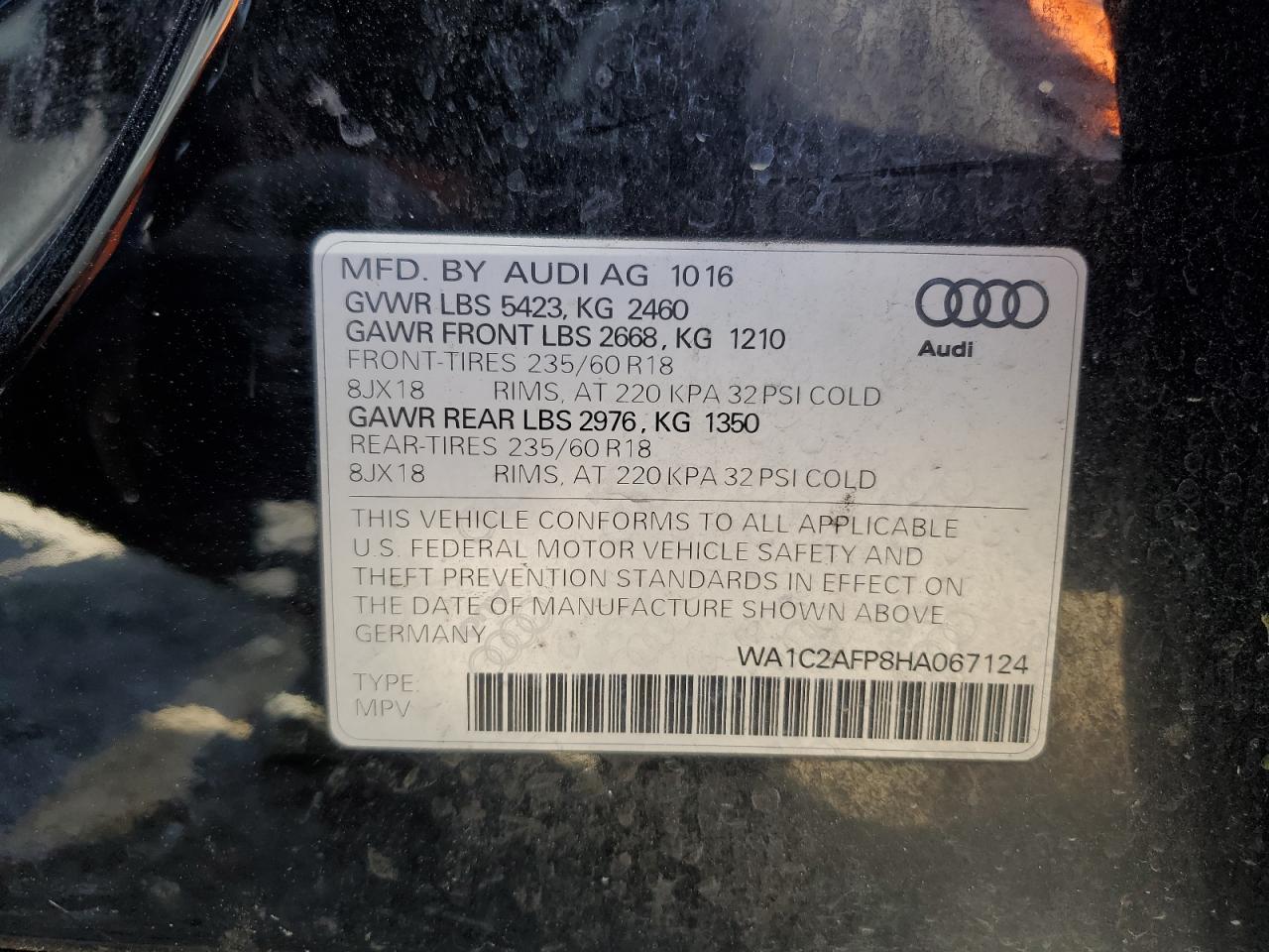 2017 Audi Q5 VIN WA1C2AFP8HA067124 Copart auction photo, front end / side damage thumbnail 14
