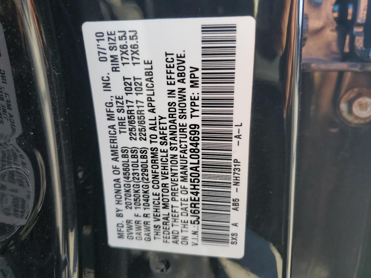2010 Honda CR-V VIN 5J6RE4H50AL084699 Copart auction photo, front end / side damage thumbnail 12