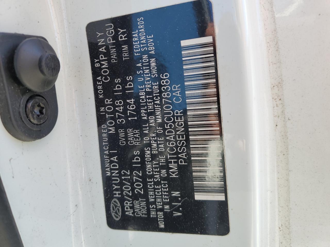 2012 Hyundai Veloster VIN KMHTC6AD5CU078386 Copart auction photo, side damage thumbnail 12