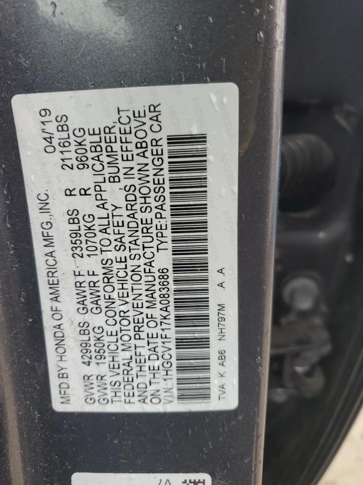 2019 Honda Accord VIN 1HGCV1F17KA083686 Copart auction photo, front end damage thumbnail 13