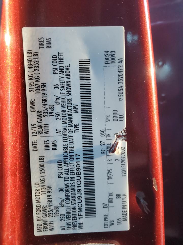 2016 Ford Escape VIN 1FMCU9J91GUB90117 Copart auction photo, front end / minor dent/scratches damage thumbnail 15
