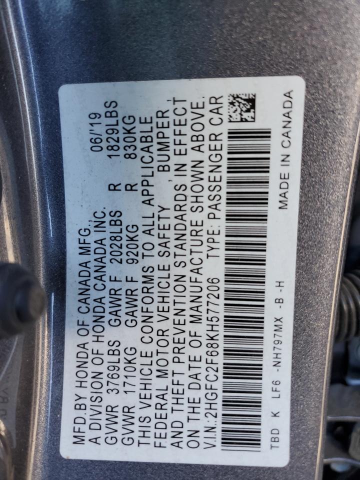 2019 Honda Civic VIN 2HGFC2F68KH577206 Copart auction photo, front end / side damage thumbnail 12