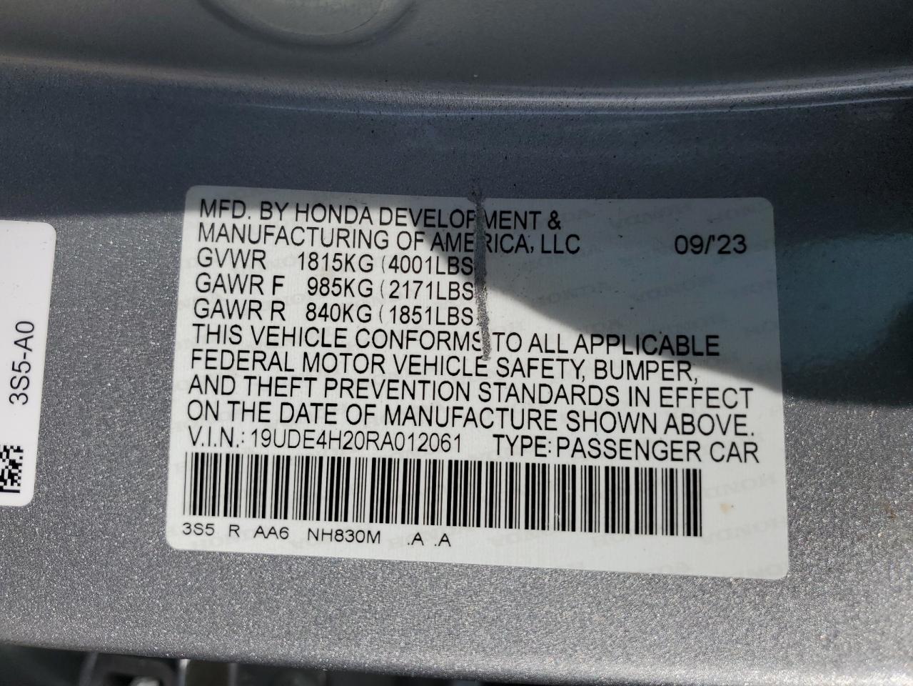 2024 Acura Integra VIN 19UDE4H20RA012061 Copart auction photo, front end / minor dent/scratches damage thumbnail 14