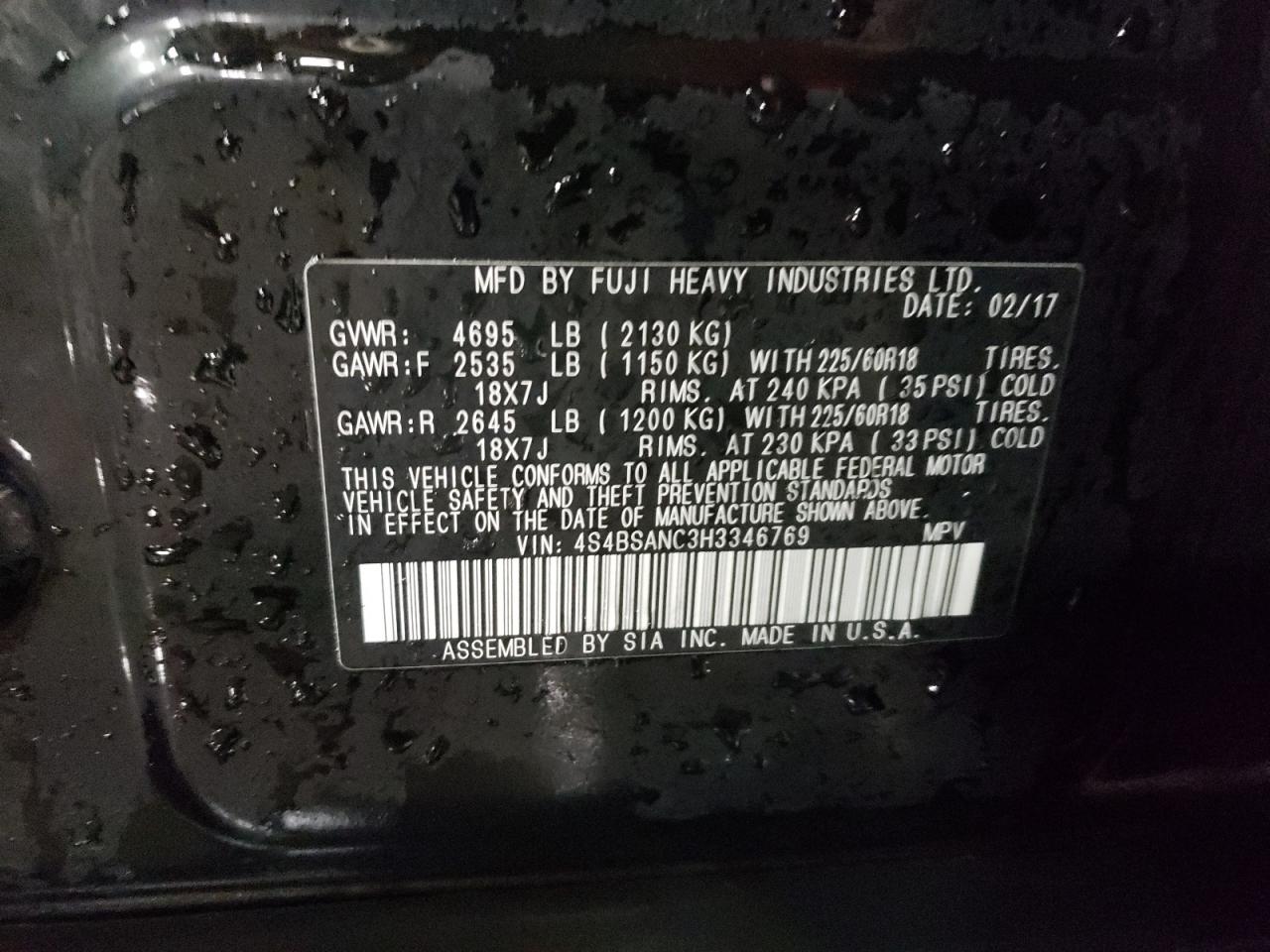 2017 Subaru Outback VIN 4S4BSANC3H3346769 Copart auction photo, front end / side damage thumbnail 14