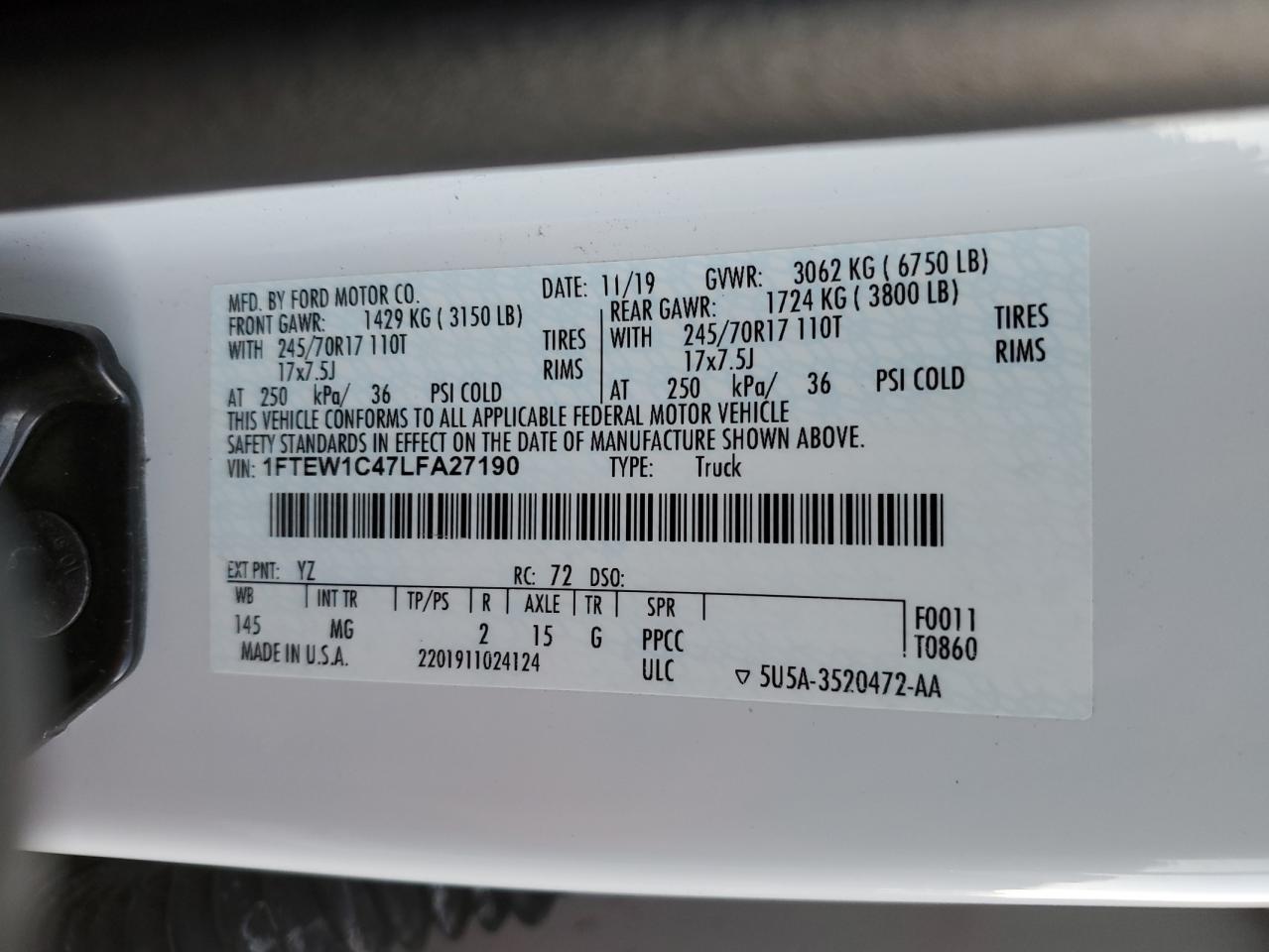 2020 Ford F-150 VIN 1FTEW1C47LFA27190 Copart auction photo, front end / side damage thumbnail 12