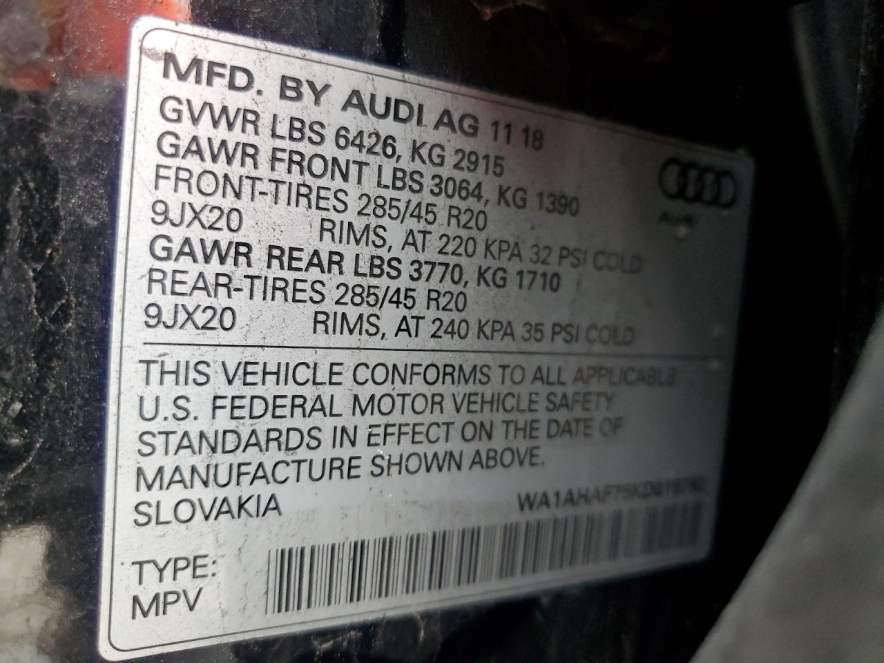 2019 Audi Q7 VIN WA1AHAF75KD018782 Copart auction photo, front end damage thumbnail 14