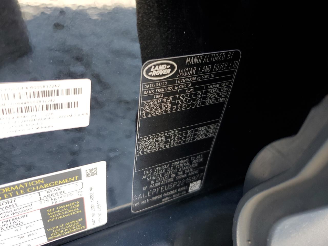 2023 Land Rover Defender VIN SALEPFEU5P2215977 Copart auction photo, front end / side damage thumbnail 13