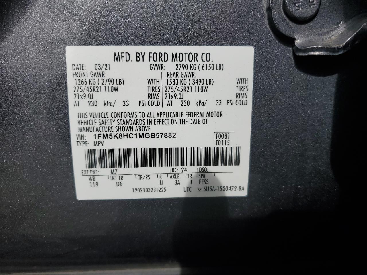2021 Ford Explorer VIN 1FM5K8HC1MGB57882 Copart auction photo, front end damage thumbnail 12