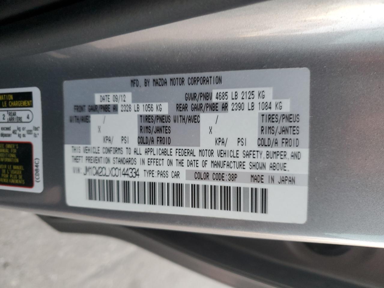 2012 Mazda 5 VIN JM1CW2CLXC0144334 Copart auction photo, front end damage thumbnail 12