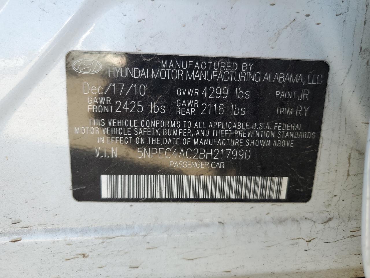 2011 Hyundai Sonata VIN 5NPEC4AC2BH217990 Copart auction photo, all over / mechanical damage thumbnail 14