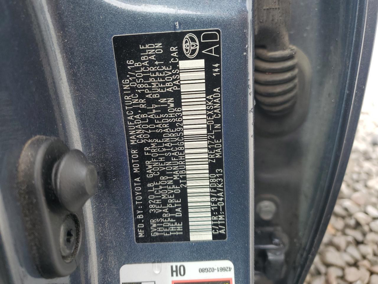 2016 Toyota Corolla VIN 2T1BURHE8GC592636 Copart auction photo, front end damage thumbnail 12