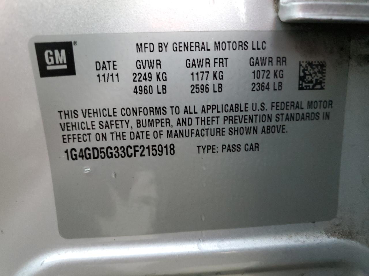 2012 Buick LaCrosse VIN 1G4GD5G33CF215918 Copart auction photo, front end damage thumbnail 13
