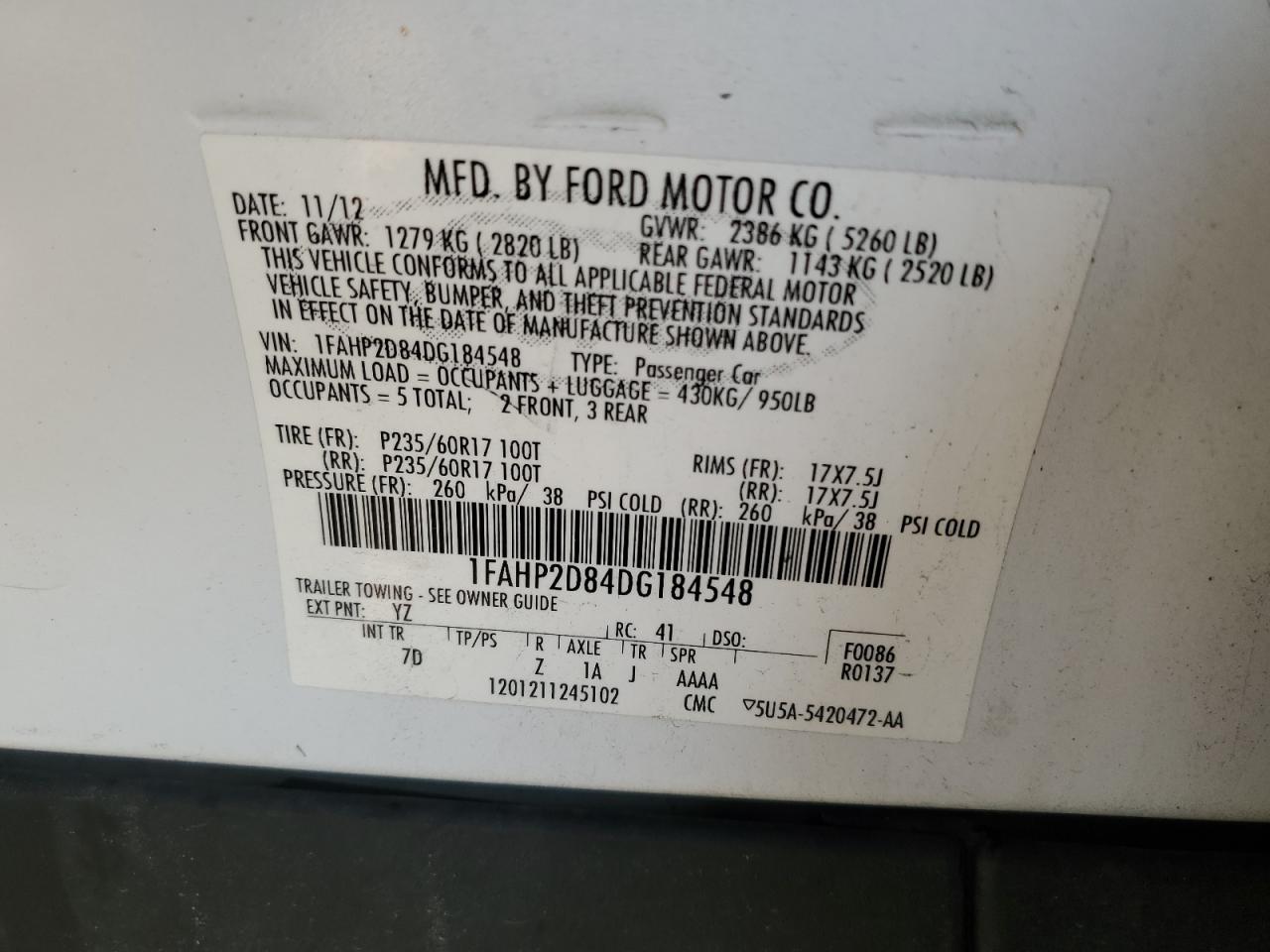 2013 Ford Taurus VIN 1FAHP2D84DG184548 Copart auction photo, side damage thumbnail 13