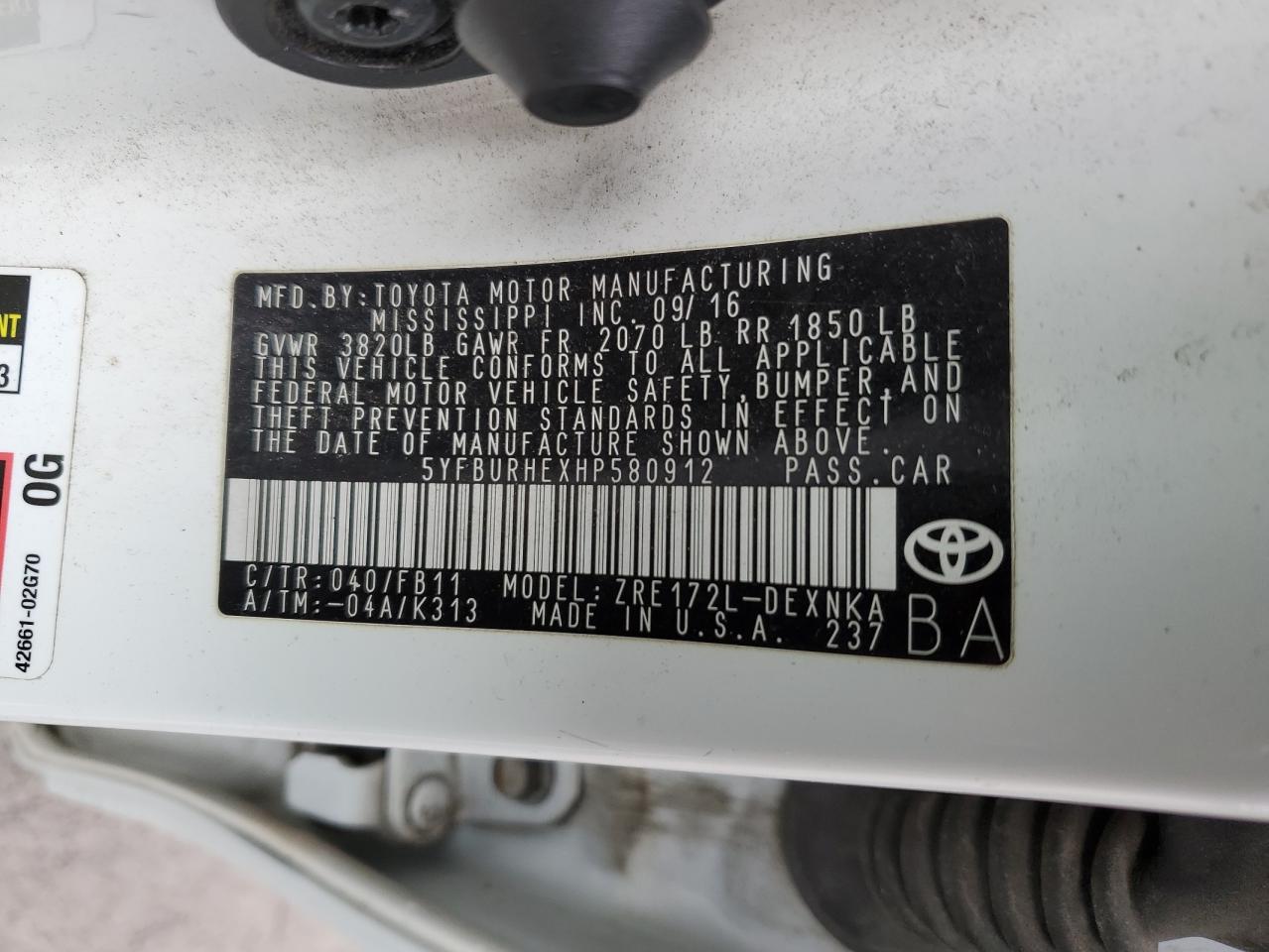 2017 Toyota Corolla VIN 5YFBURHEXHP580912 Copart auction photo, front end / side damage thumbnail 15
