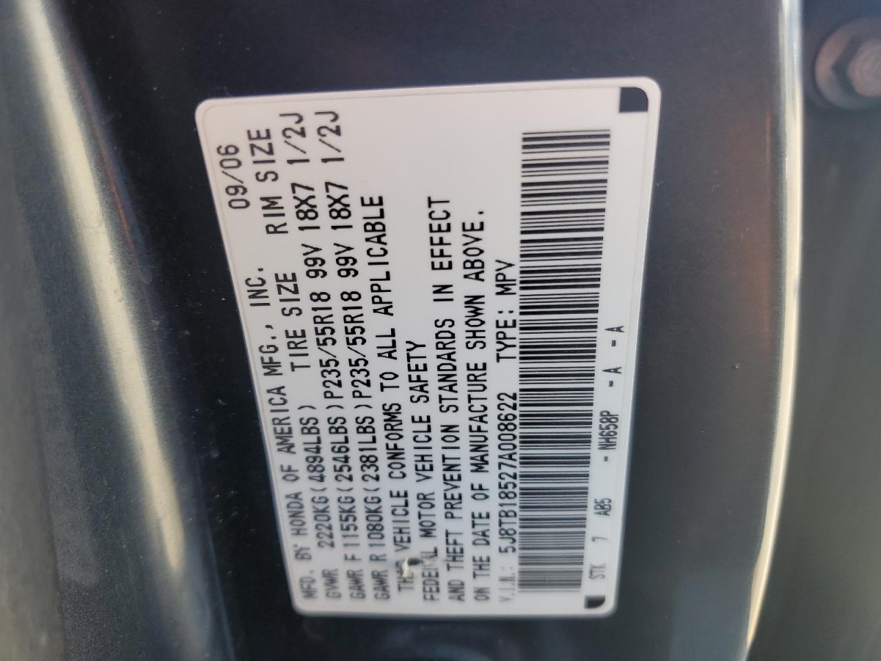 2007 Acura RDX VIN 5J8TB18527A008622 Copart auction photo, all over damage thumbnail 15