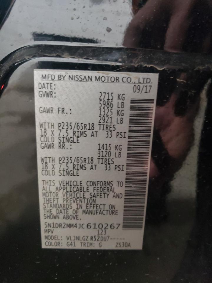 2018 Nissan Pathfinder VIN 5N1DR2MM4JC610267 Copart auction photo, rear end damage thumbnail 13