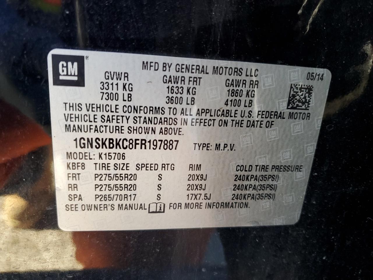 2015 Chevrolet Tahoe VIN 1GNSKBKC8FR197887 Copart auction photo, front end damage thumbnail 13