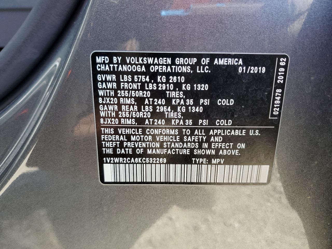 2019 Volkswagen Atlas VIN 1V2WR2CA6KC532269 Copart auction photo, front end damage thumbnail 13