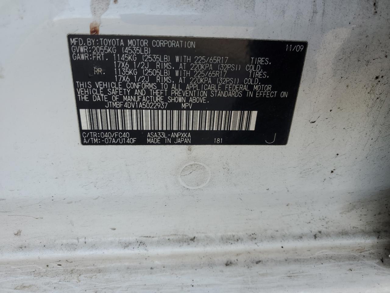 2010 Toyota RAV 4 VIN JTMBF4DV1A5022937 Copart auction photo, rear end damage thumbnail 15