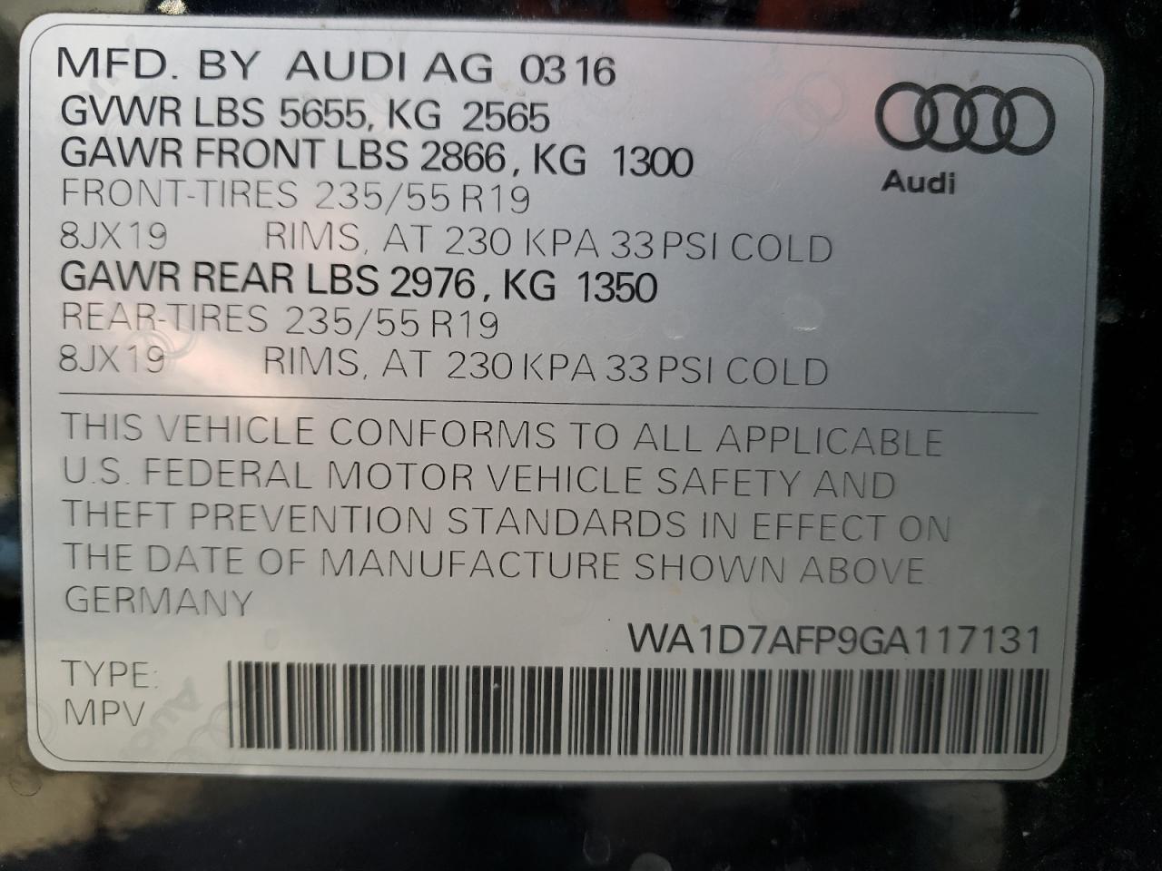 2016 Audi Q5 VIN WA1D7AFP9GA117131 Copart auction photo, front end / side damage thumbnail 13