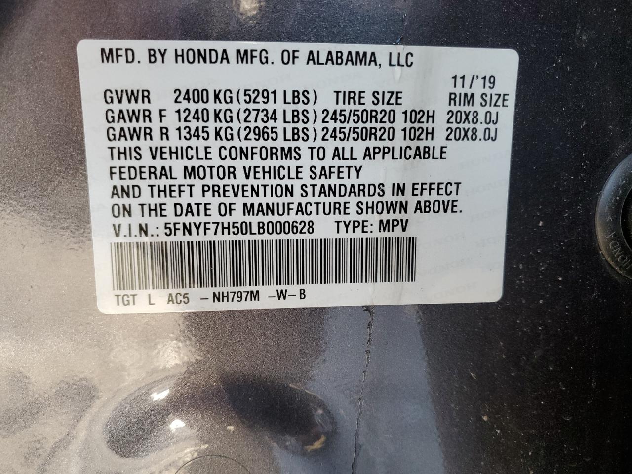 2020 Honda Passport VIN 5FNYF7H50LB000628 Copart auction photo, front end damage thumbnail 13