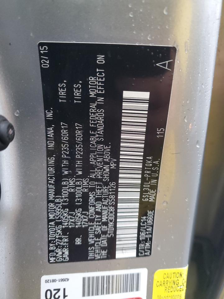 2015 Toyota Sienna VIN 5TDYK3DC8FS581126 Copart auction photo, front end / side damage thumbnail 14