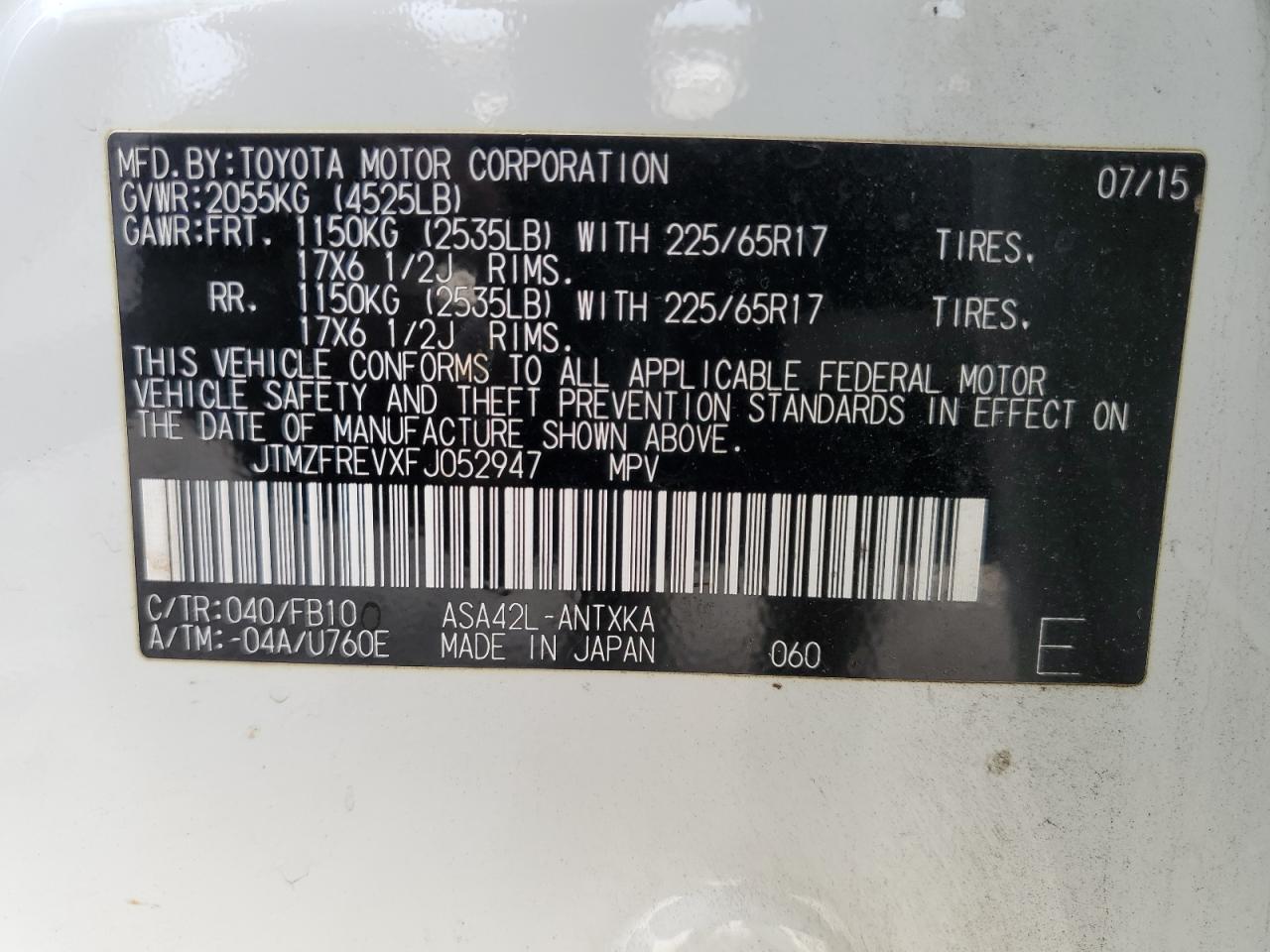 2015 Toyota RAV 4 VIN JTMZFREVXFJ052947 Copart auction photo, rear end / front end damage thumbnail 15