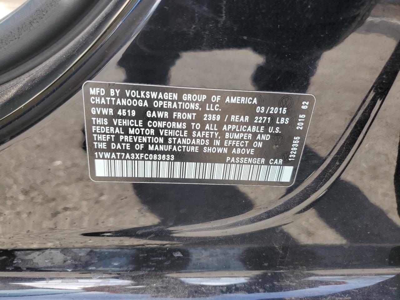 2015 Volkswagen Passat VIN 1VWAT7A3XFC083633 Copart auction photo, undercarriage damage thumbnail 14