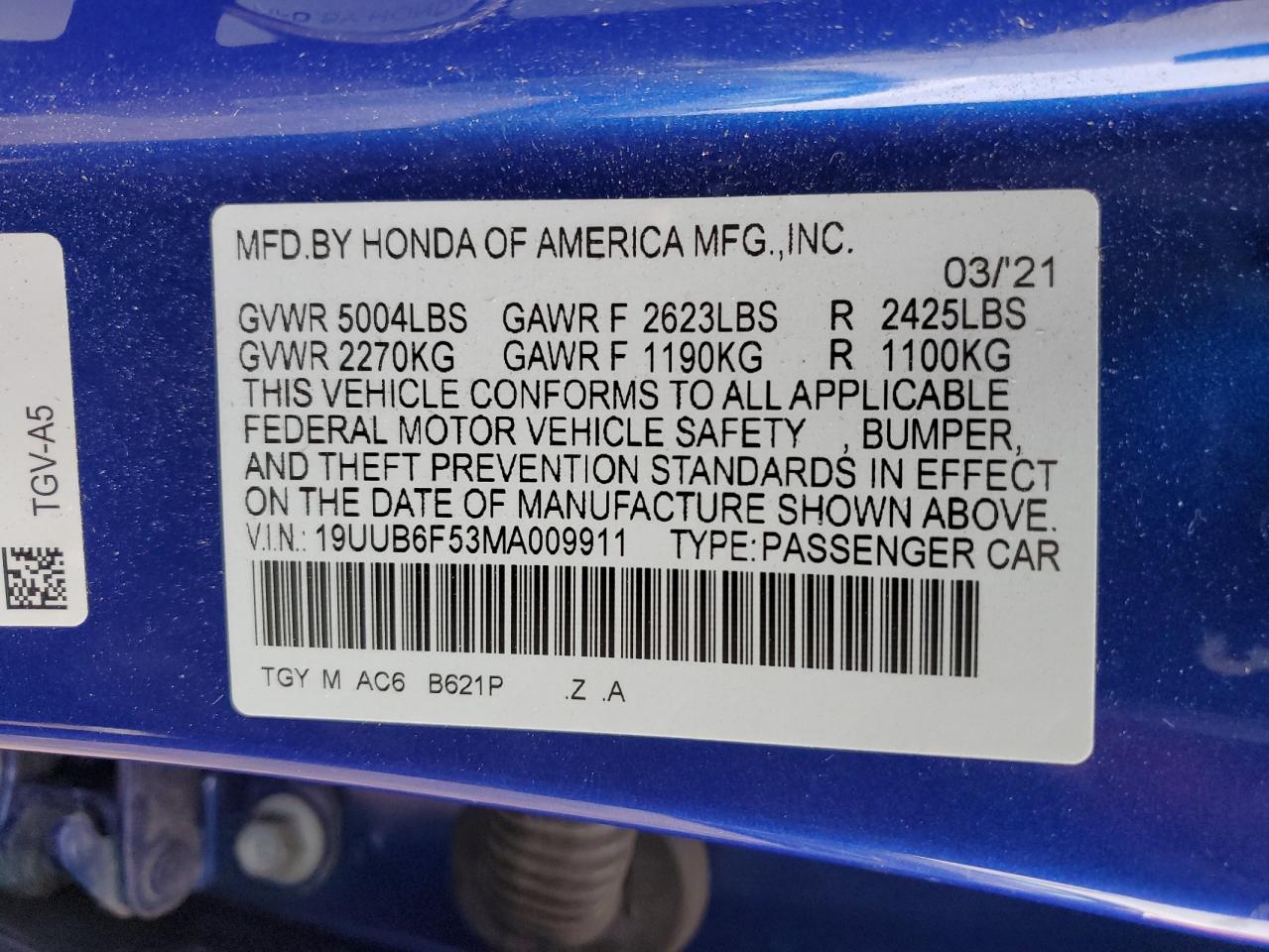 2021 Acura TLX VIN 19UUB6F53MA009911 Copart auction photo, all over damage thumbnail 15