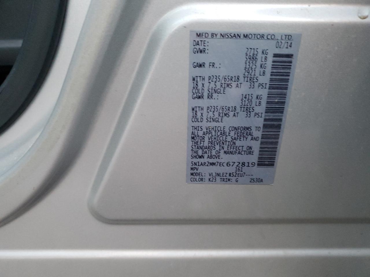 2014 Nissan Pathfinder VIN 5N1AR2MM7EC672819 Copart auction photo, front end damage thumbnail 14