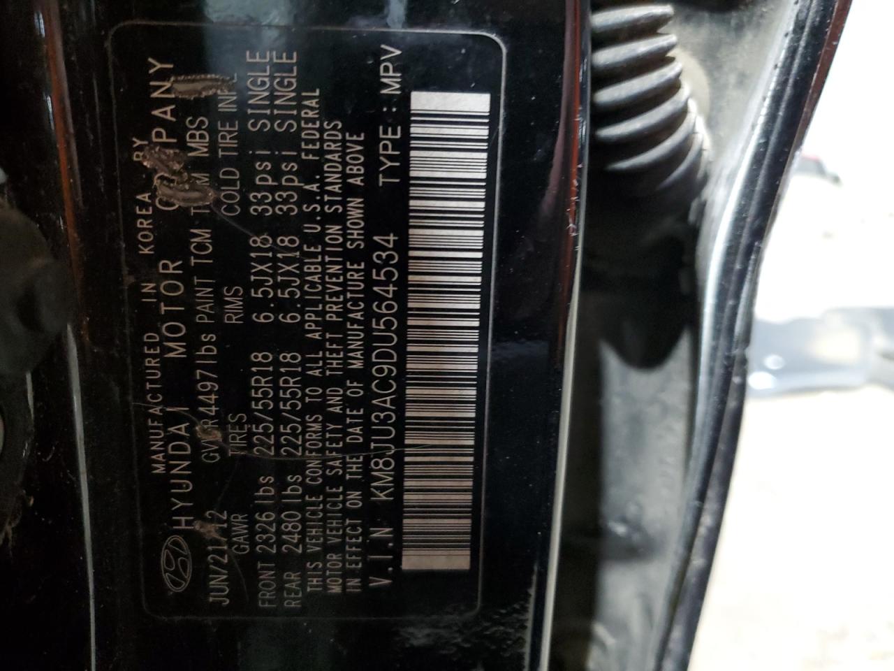 2013 Hyundai Tucson VIN KM8JU3AC9DU564534 Copart auction photo, rear end / side damage thumbnail 14