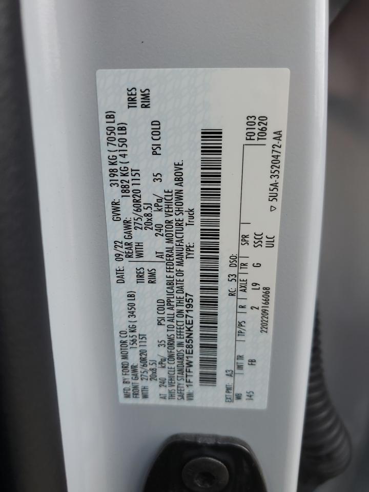 2022 Ford F-150 VIN 1FTFW1E85NKE71957 Copart auction photo, front end damage thumbnail 12