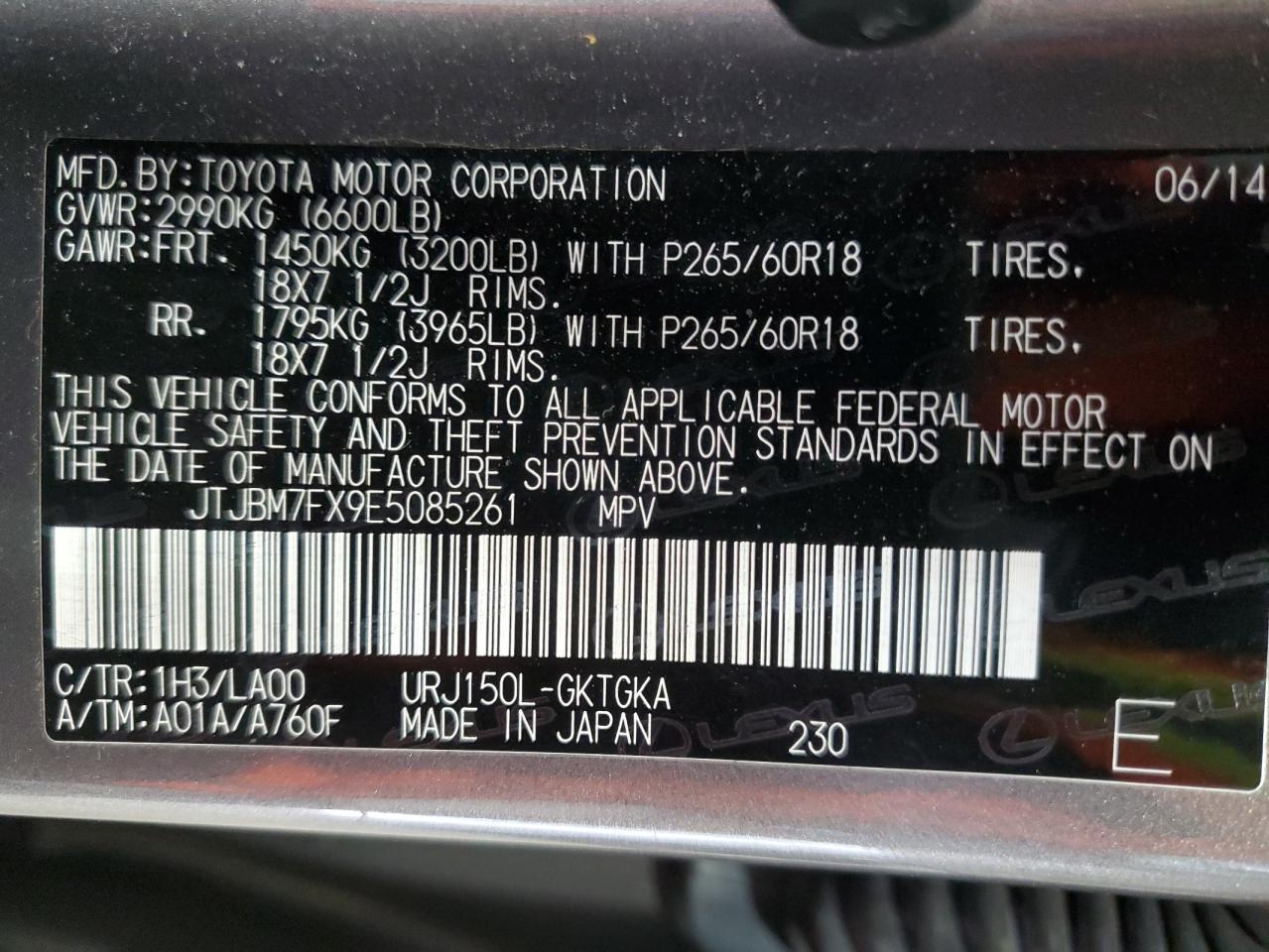 2014 Lexus GX VIN JTJBM7FX9E5085261 Copart auction photo, front end / all over damage thumbnail 14
