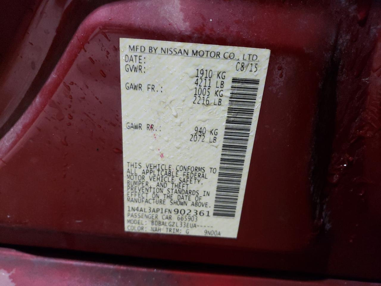 2015 Nissan Altima VIN 1N4AL3AP1FN902361 Copart auction photo, front end / rear end damage thumbnail 12