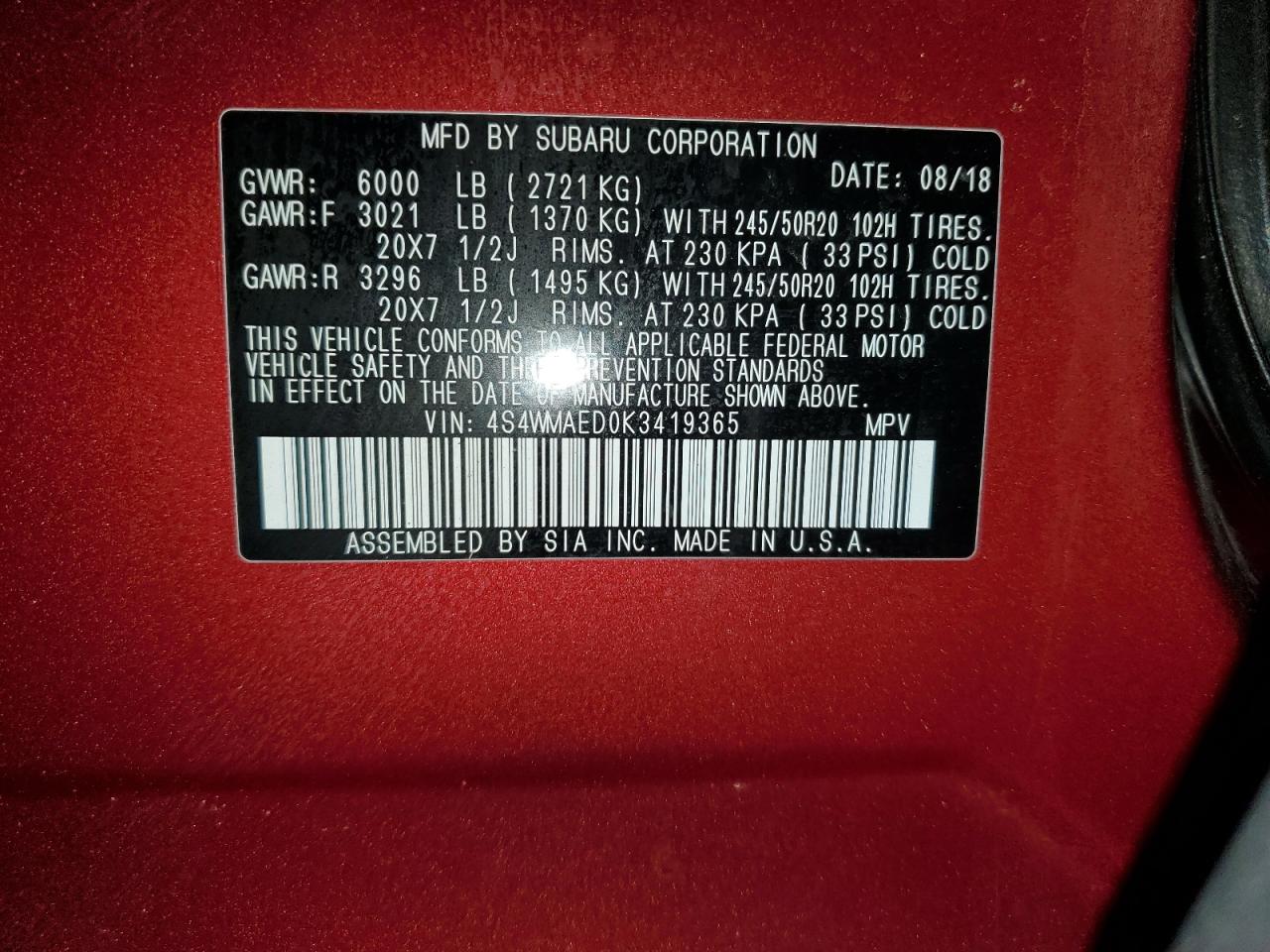 2019 Subaru Ascent VIN 4S4WMAED0K3419365 Copart auction photo, front end / mechanical damage thumbnail 14