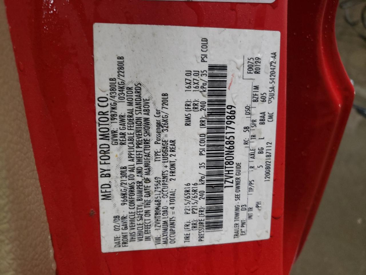 2008 Ford Mustang VIN 1ZVHT80N685179869 Copart auction photo, front end damage thumbnail 12