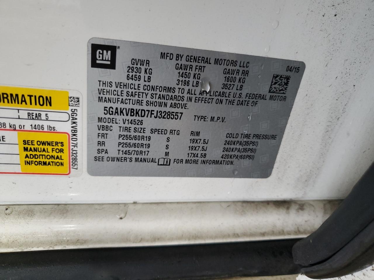 2015 Buick Enclave VIN 5GAKVBKD7FJ328557 Copart auction photo, front end / side damage thumbnail 14