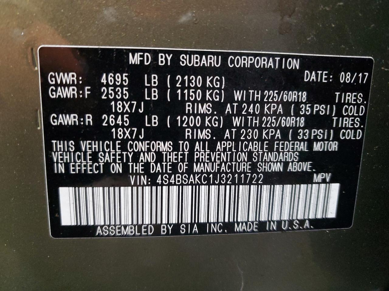 2018 Subaru Outback VIN 4S4BSAKC1J3211722 Copart auction photo, all over damage thumbnail 12