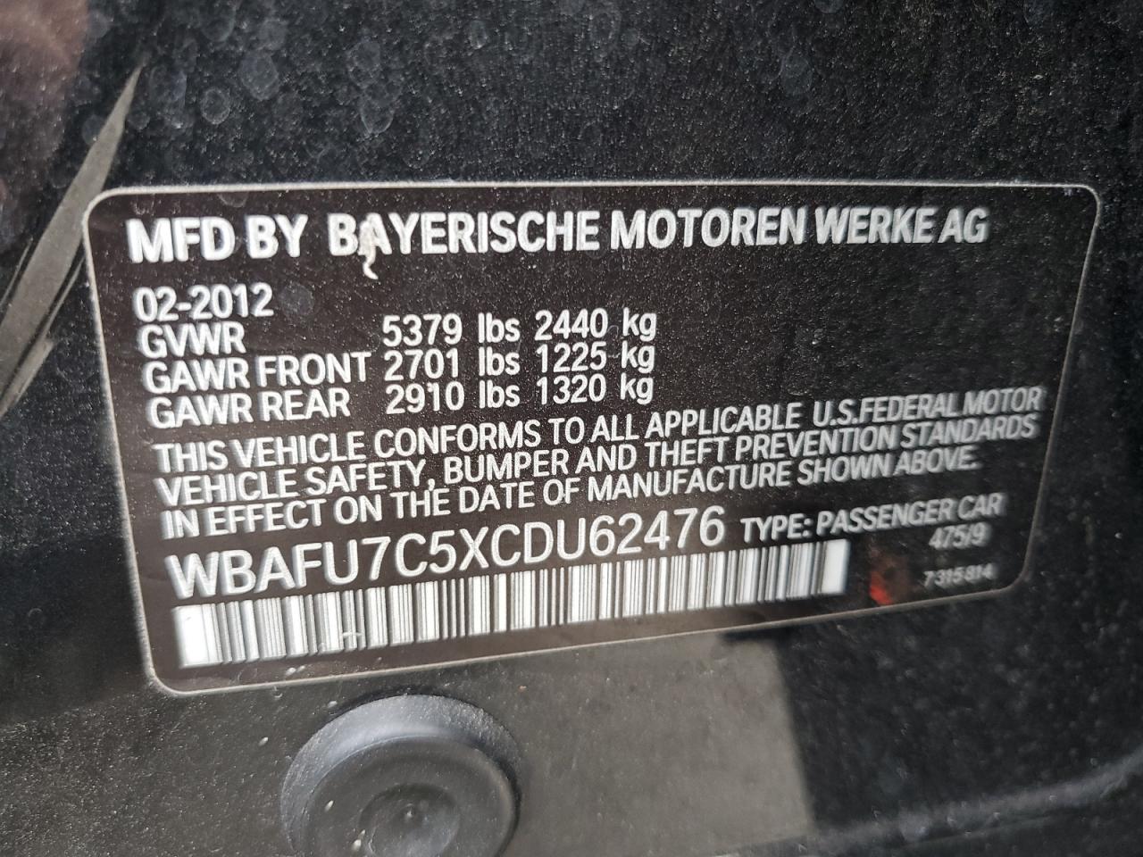 2012 BMW 5er VIN WBAFU7C5XCDU62476 Copart auction photo, front end damage thumbnail 14