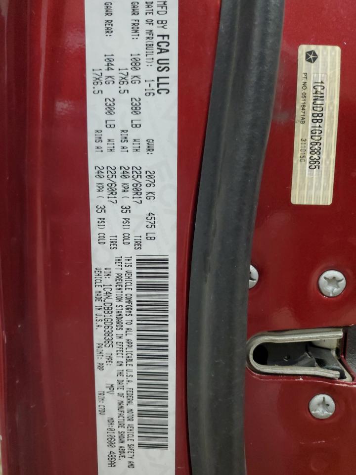 2016 Jeep Compass VIN 1C4NJDBB1GD638365 Copart auction photo, side / front end damage thumbnail 14