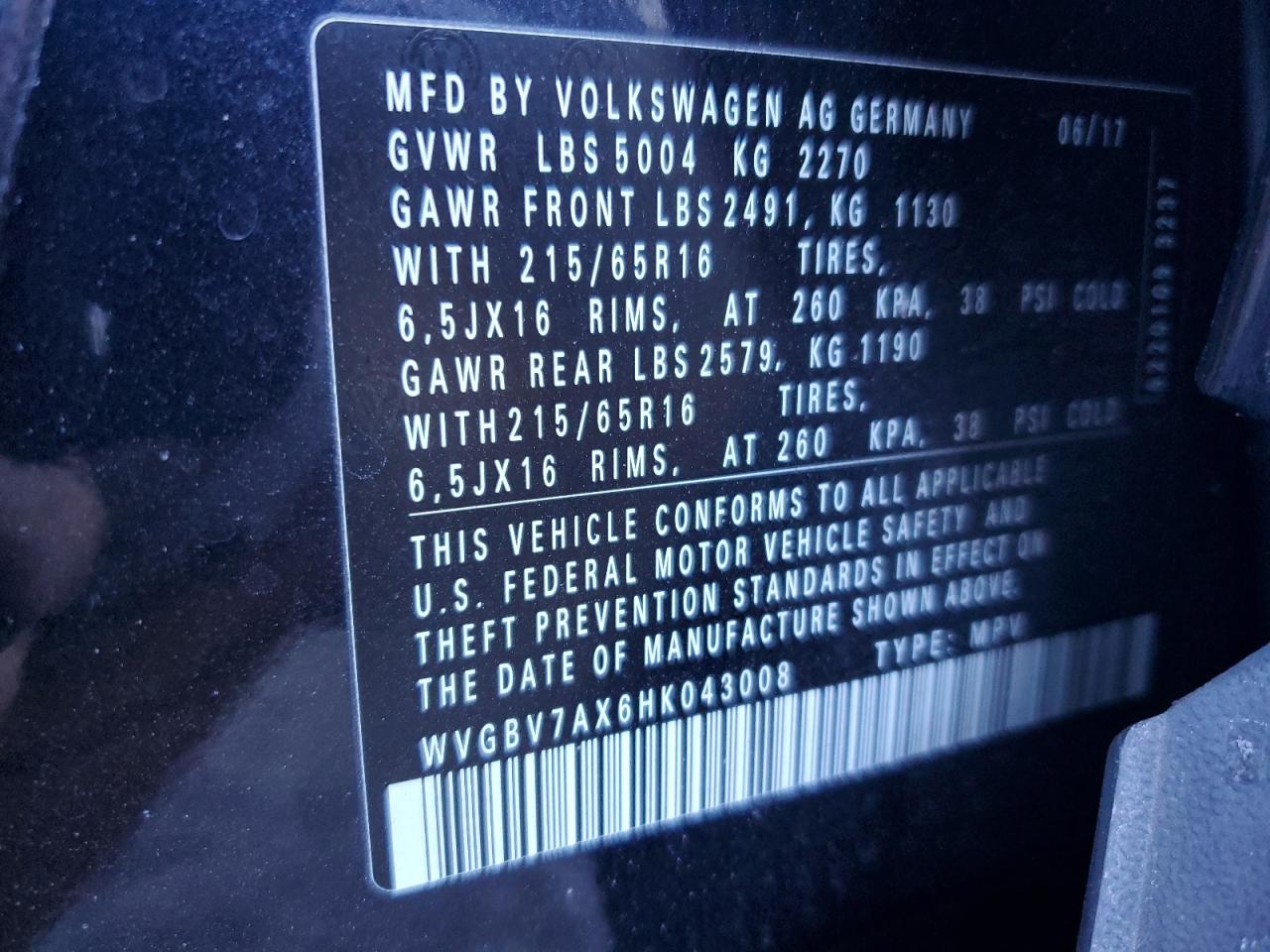2017 Volkswagen Tiguan VIN WVGBV7AX6HK043008 Copart auction photo, front end / hail damage thumbnail 15