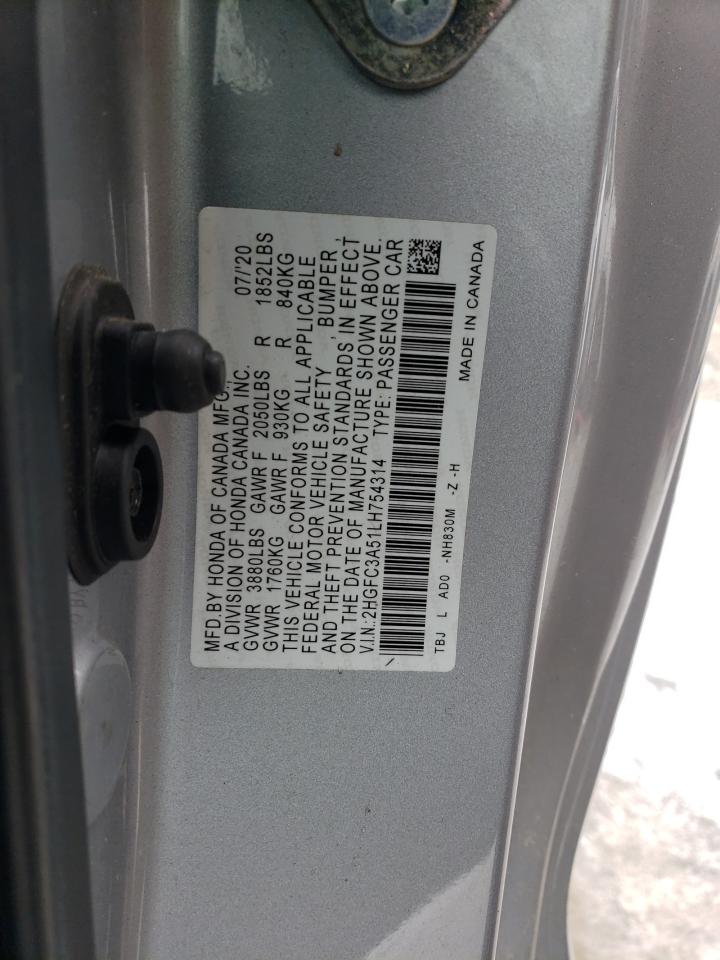 2020 Honda Civic VIN 2HGFC3A51LH754314 Copart auction photo, front end damage thumbnail 14