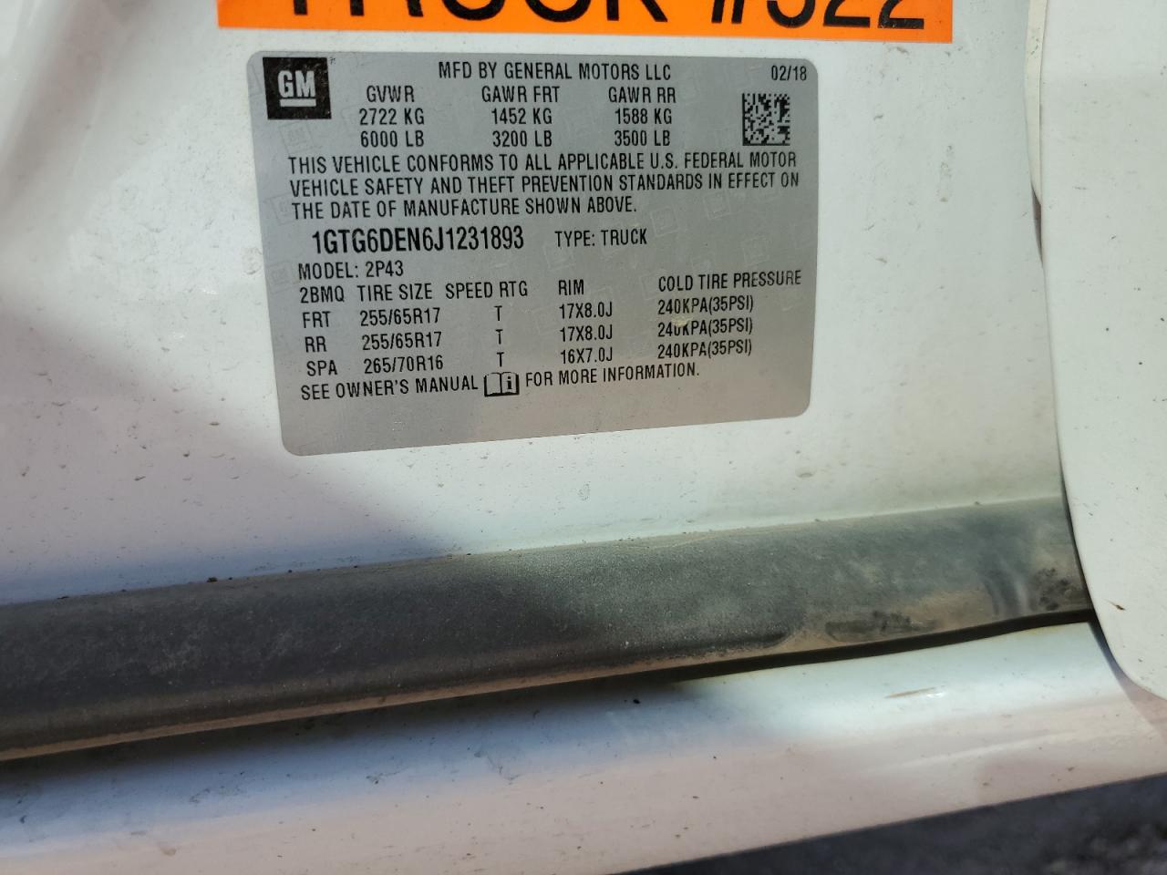 2018 GMC Canyon VIN 1GTG6DEN6J1231893 Copart auction photo, front end / minor dent/scratches damage thumbnail 15