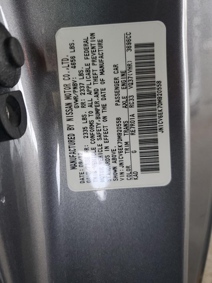 2013 Infiniti G VIN JN1CV6EK7DM920558 Copart auction photo, top/roof / side damage thumbnail 12