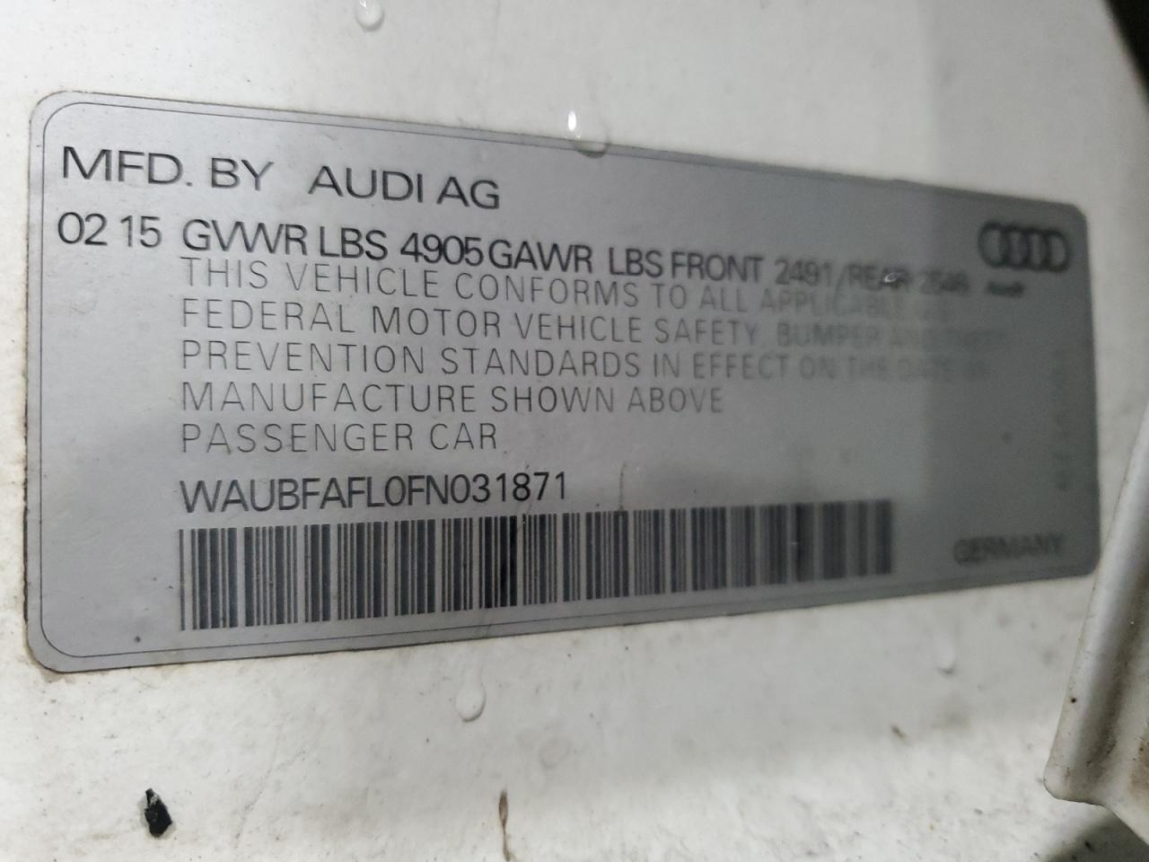 2015 Audi A4 VIN WAUBFAFL0FN031871 Copart auction photo, front end damage thumbnail 12