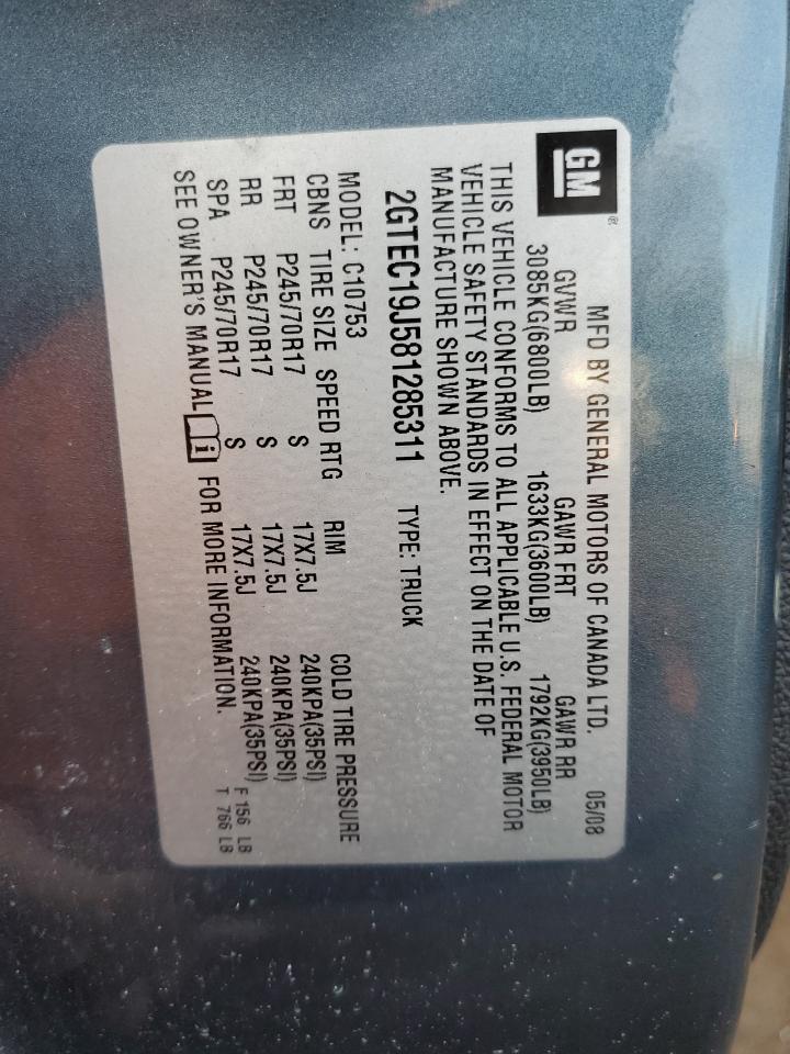 2008 GMC Sierra VIN 2GTEC19J581285311 Copart auction photo, rear end / minor dent/scratches damage thumbnail 15