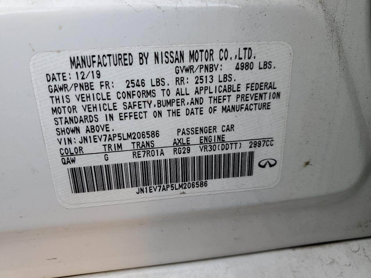 2020 Infiniti Q50 VIN JN1EV7AP5LM206586 Copart auction photo, side / front end damage thumbnail 12