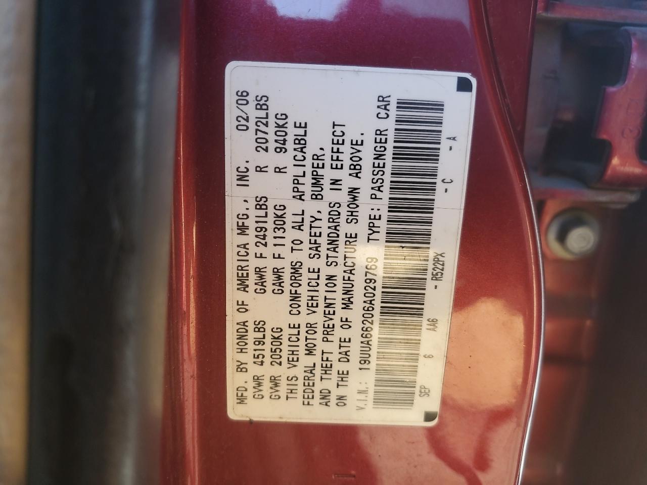 2006 Acura TL VIN 19UUA66206A029769 Copart auction photo, front end damage thumbnail 12