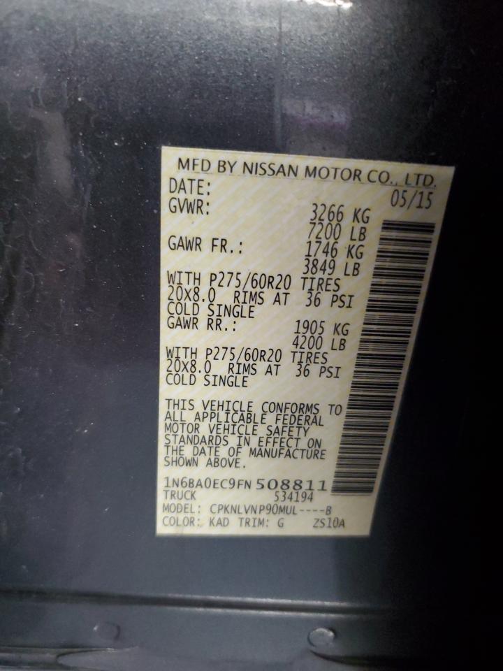 2015 Nissan Titan VIN 1N6BA0EC9FN508811 Copart auction photo, front end / undercarriage damage thumbnail 14