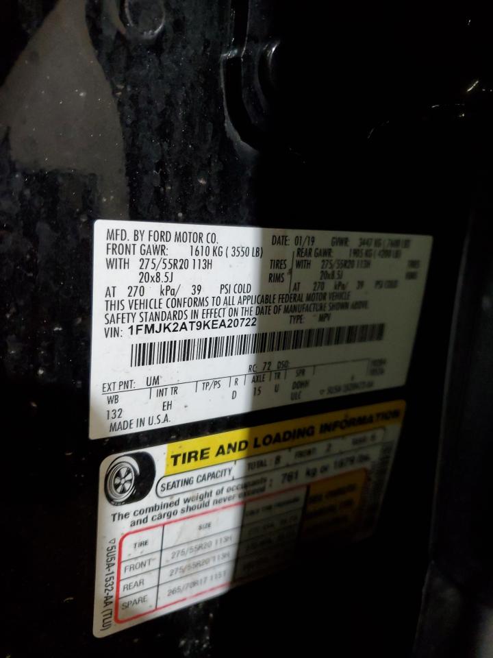 2019 Ford Expedition VIN 1FMJK2AT9KEA20722 Copart auction photo, side / front end damage thumbnail 14